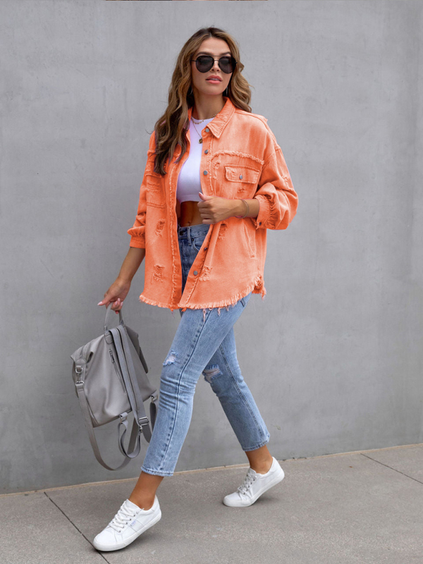 Raw edge ripped denim jacket Temperament casual trendy jacket-chiquechics