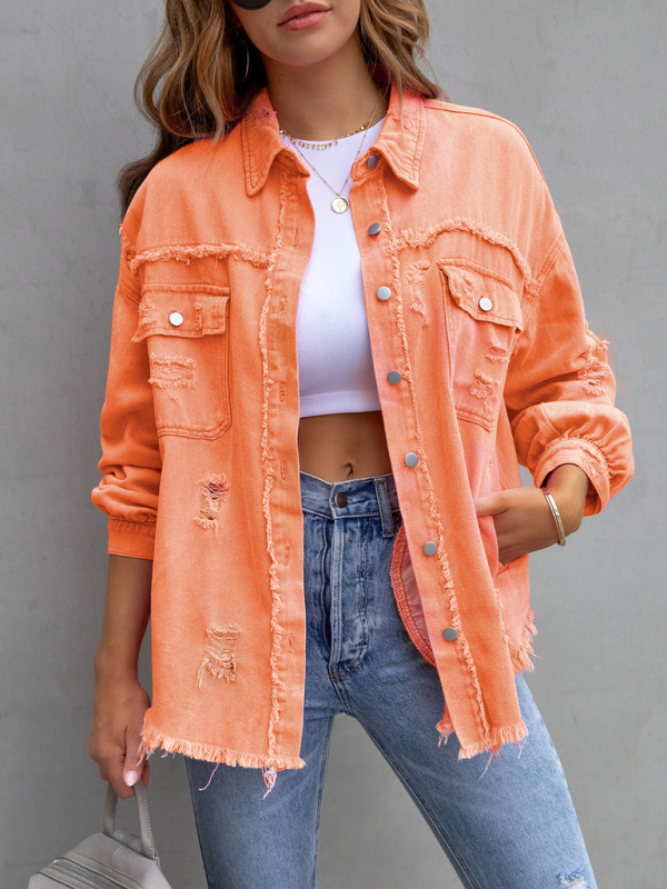 Raw edge ripped denim jacket Temperament casual trendy jacket-chiquechics