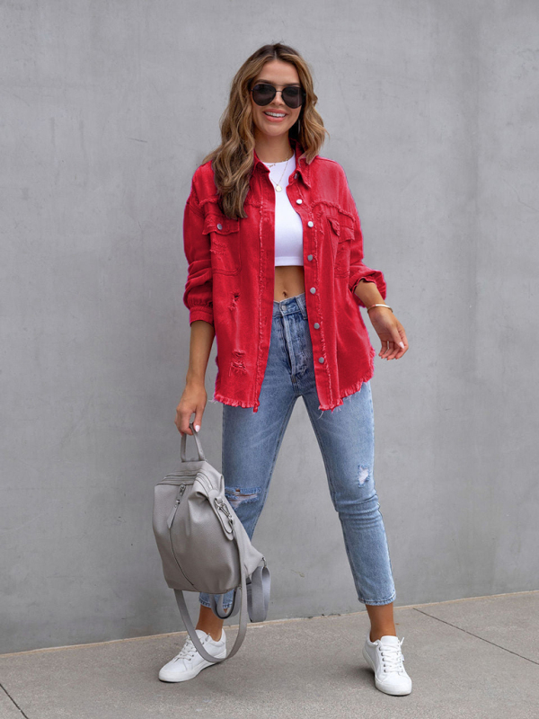 Raw edge ripped denim jacket Temperament casual trendy jacket-chiquechics