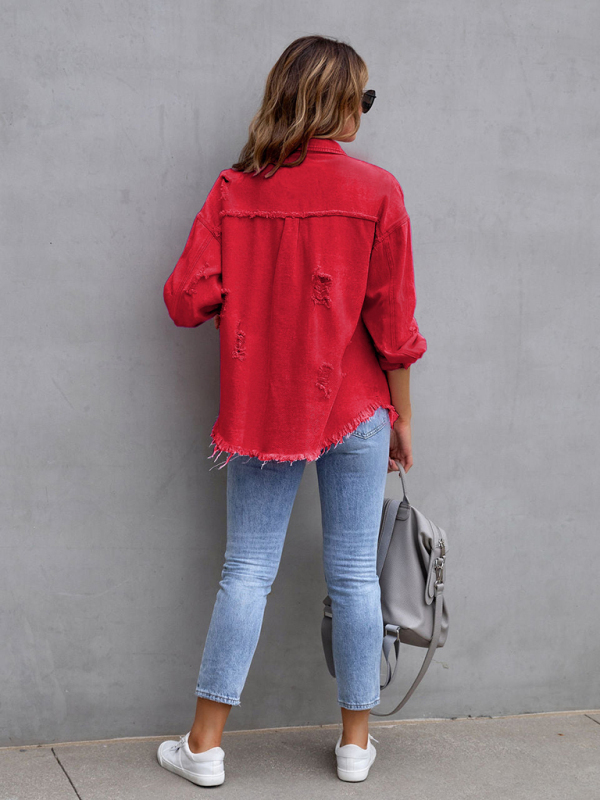 Raw edge ripped denim jacket Temperament casual trendy jacket-chiquechics