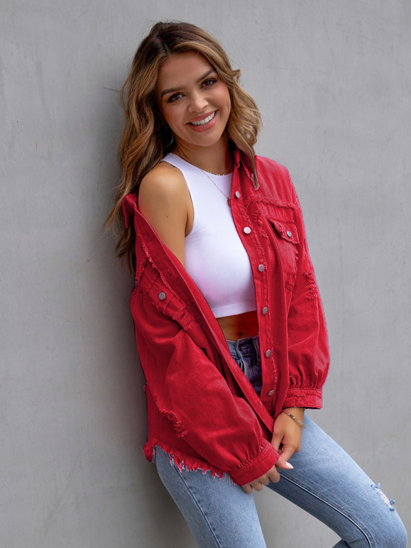 Raw edge ripped denim jacket Temperament casual trendy jacket-chiquechics