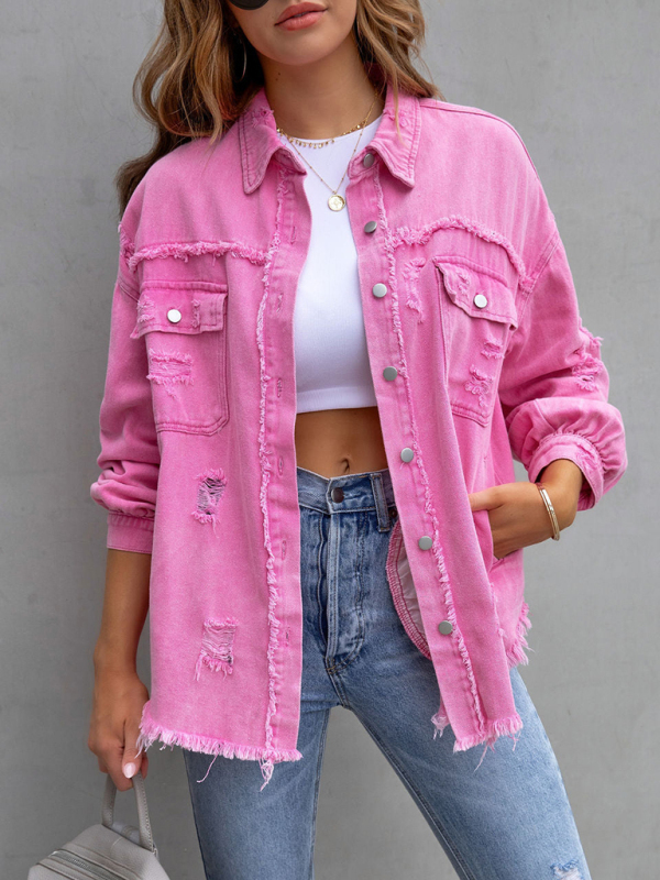 Raw edge ripped denim jacket Temperament casual trendy jacket-chiquechics
