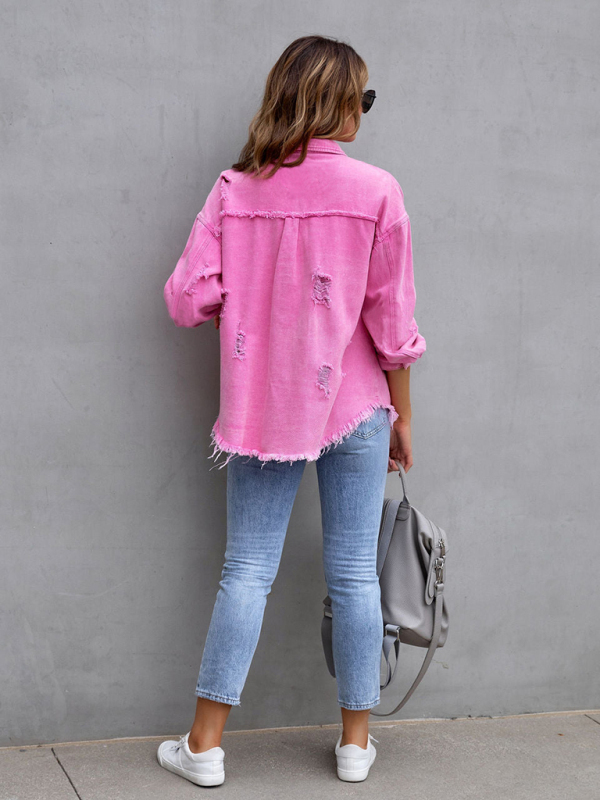 Raw edge ripped denim jacket Temperament casual trendy jacket-chiquechics