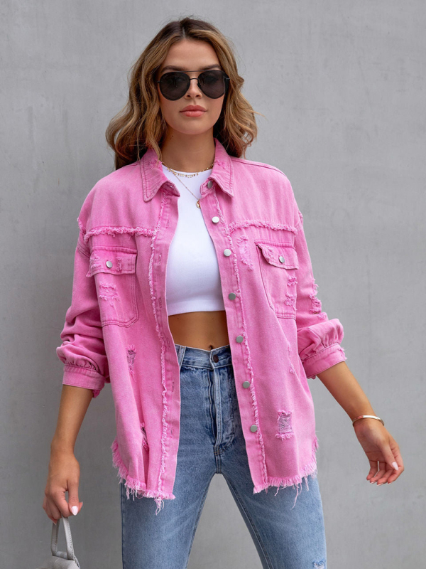 Raw edge ripped denim jacket Temperament casual trendy jacket-chiquechics