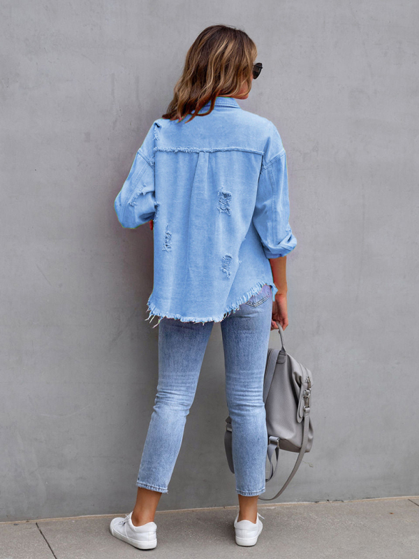 Raw edge ripped denim jacket Temperament casual trendy jacket-chiquechics