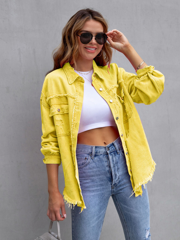 Raw edge ripped denim jacket Temperament casual trendy jacket-chiquechics