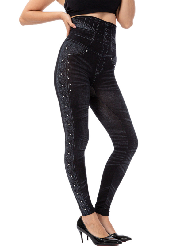 High waist beaded leggings stretch slim cropped pants-chiquechics