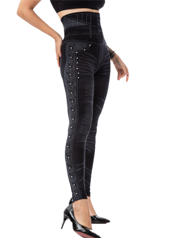 High waist beaded leggings stretch slim cropped pants-chiquechics