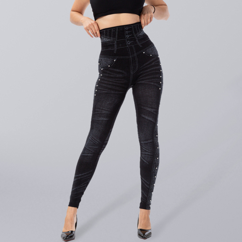 High waist beaded leggings stretch slim cropped pants-chiquechics