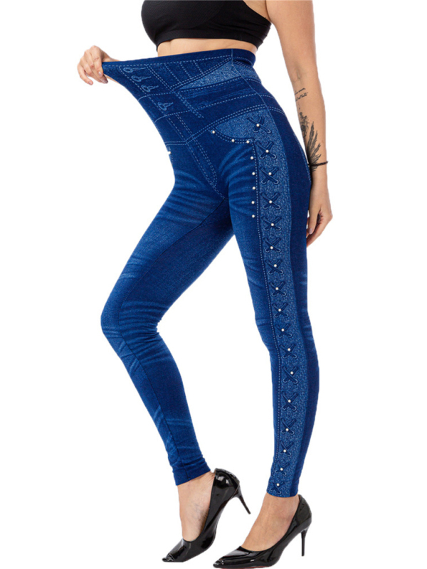 High waist beaded leggings stretch slim cropped pants-chiquechics