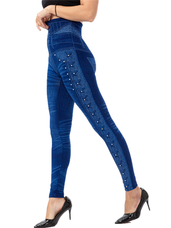 High waist beaded leggings stretch slim cropped pants-chiquechics