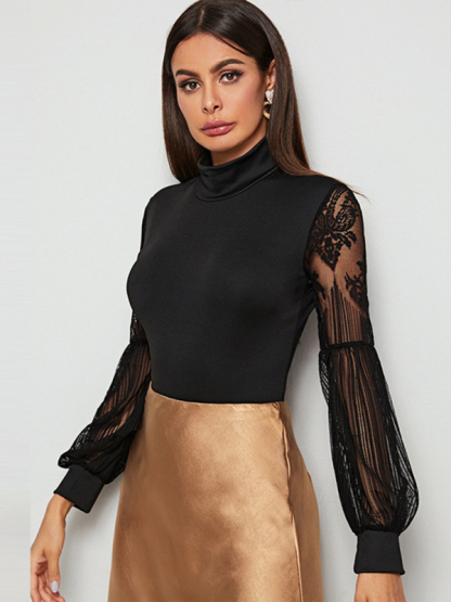Women's Lace Stitching Slim Fashion Long-sleeved Bodysuit-chiquechics