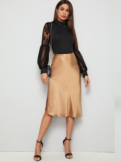 Women's Lace Stitching Slim Fashion Long-sleeved Bodysuit-chiquechics