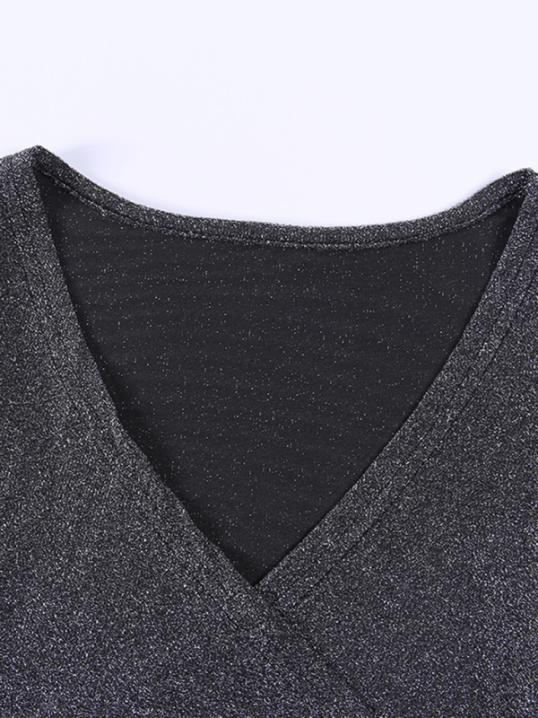 Women's sexy V-neck bright silk slim long-sleeved Bodysuit-chiquechics