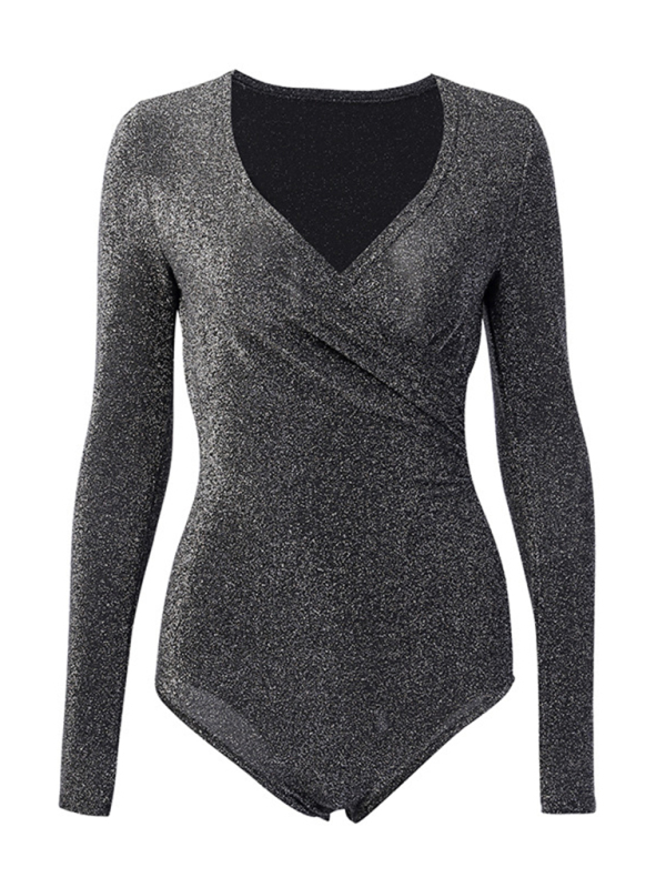 Women's sexy V-neck bright silk slim long-sleeved Bodysuit-chiquechics