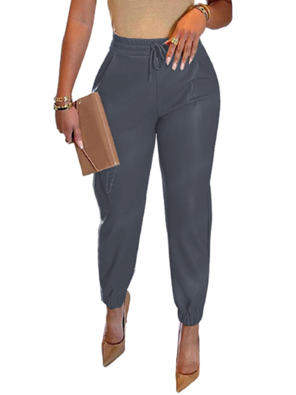 Women's Solid Color Drawstring Pocket Leggings Leather Pants-chiquechics