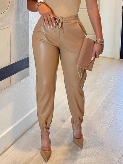 Women's Solid Color Drawstring Pocket Leggings Leather Pants-chiquechics