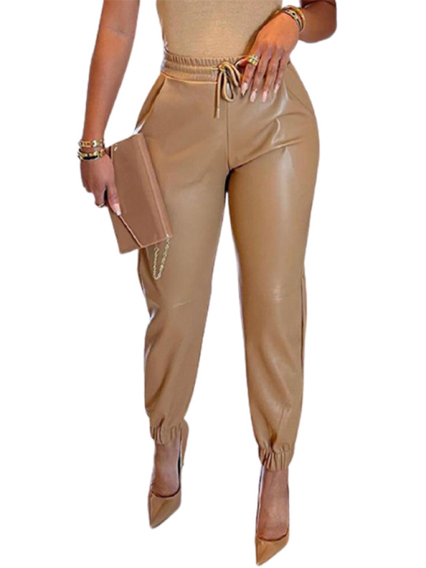 Women's Solid Color Drawstring Pocket Leggings Leather Pants-chiquechics