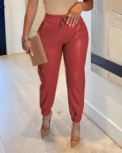 Women's Solid Color Drawstring Pocket Leggings Leather Pants-chiquechics