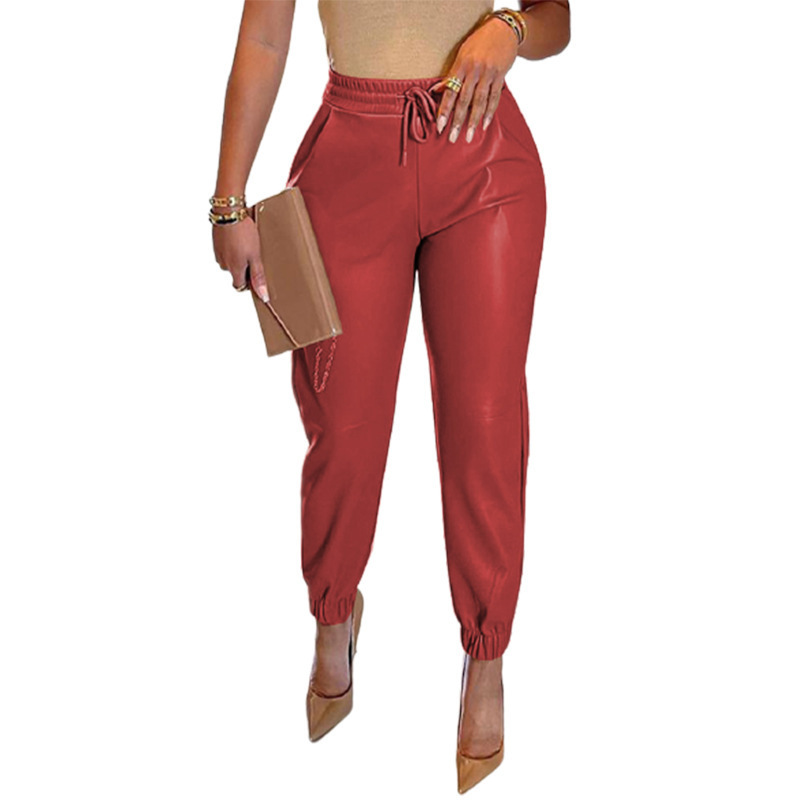 Women's Solid Color Drawstring Pocket Leggings Leather Pants-chiquechics