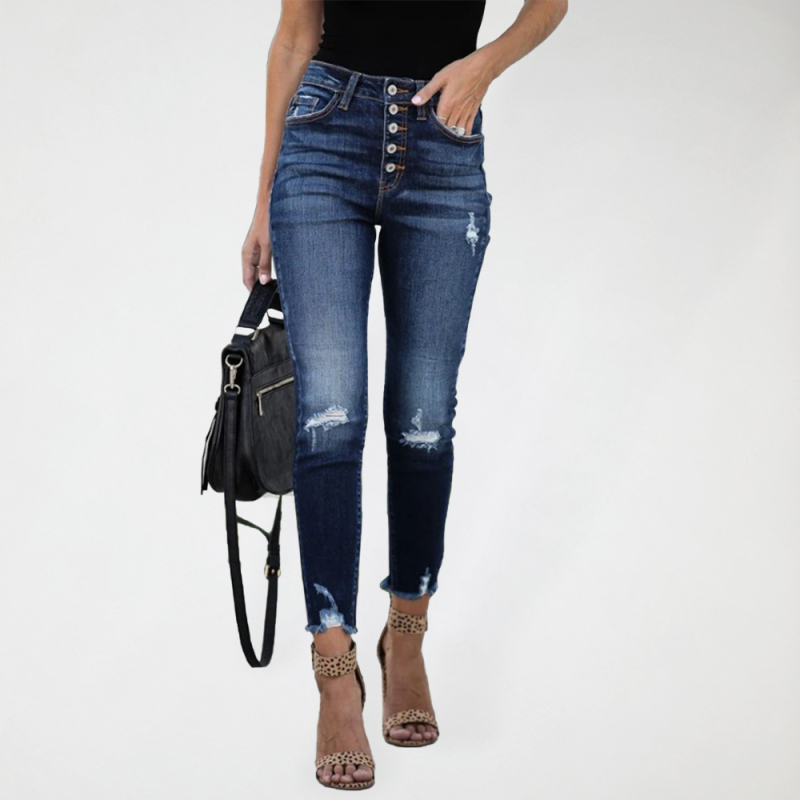 High Waist Retro Breasted Fringed Small Feet Elastic Ripped Jeans Women's Trousers-chiquechics