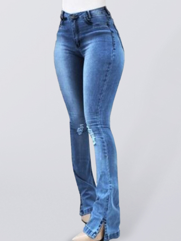 Elastic slit flared high waist jeans women's trousers-chiquechics