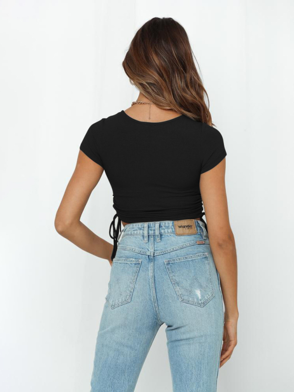 Fashion sexy pit strip navel short drawstring tie round neck short-sleeved T-shirt-chiquechics