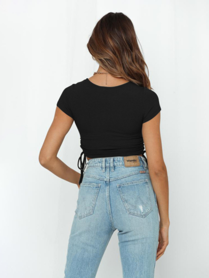 Fashion sexy pit strip navel short drawstring tie round neck short-sleeved T-shirt-chiquechics