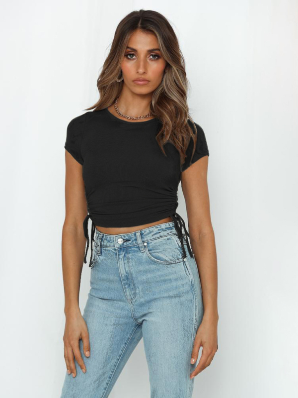 Fashion sexy pit strip navel short drawstring tie round neck short-sleeved T-shirt-chiquechics