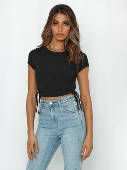 Fashion sexy pit strip navel short drawstring tie round neck short-sleeved T-shirt-chiquechics