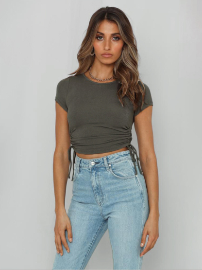 Fashion sexy pit strip navel short drawstring tie round neck short-sleeved T-shirt-chiquechics
