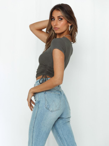 Fashion sexy pit strip navel short drawstring tie round neck short-sleeved T-shirt-chiquechics