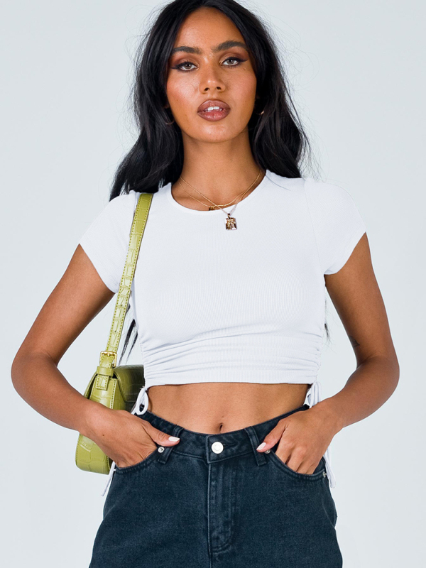 Fashion sexy pit strip navel short drawstring tie round neck short-sleeved T-shirt-chiquechics