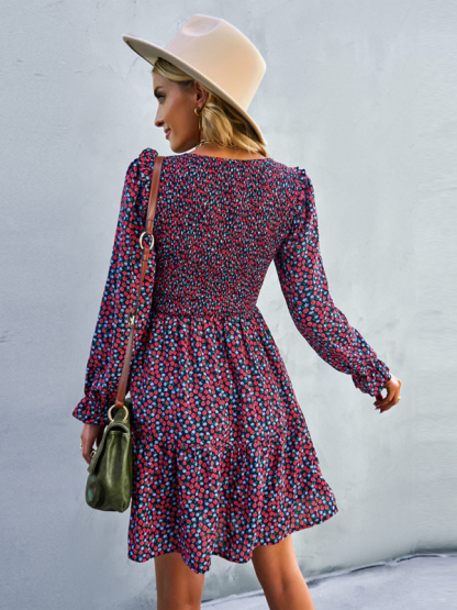 Round neck floral dress spring and summer long-sleeved all-match A-line skirt