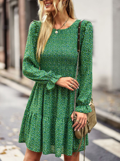 Round neck floral dress spring and summer long-sleeved all-match A-line skirt