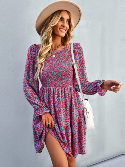 Round neck floral dress spring and summer long-sleeved all-match A-line skirt