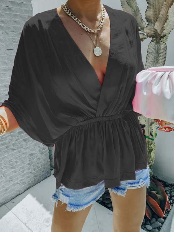 New style cotton V-neck elastic waist casual fashion short-sleeved shirt-chiquechics