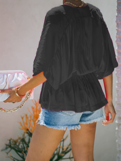 New style cotton V-neck elastic waist casual fashion short-sleeved shirt-chiquechics