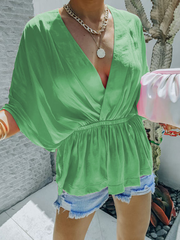 New style cotton V-neck elastic waist casual fashion short-sleeved shirt-chiquechics