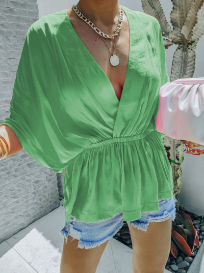 New style cotton V-neck elastic waist casual fashion short-sleeved shirt-chiquechics