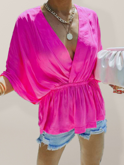 New style cotton V-neck elastic waist casual fashion short-sleeved shirt-chiquechics