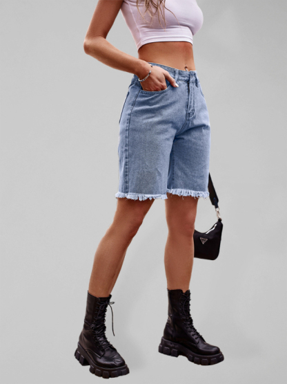New all-match raw edge straight denim cropped pants casual shorts-chiquechics
