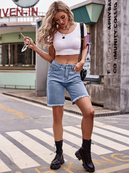 New all-match raw edge straight denim cropped pants casual shorts-chiquechics