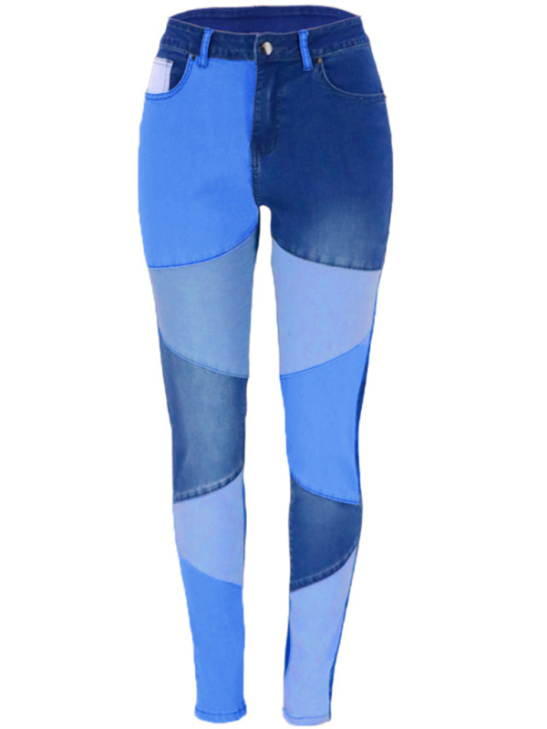 Women's Two-color Stitching Street Wash High Waist Skinny Jeans-chiquechics