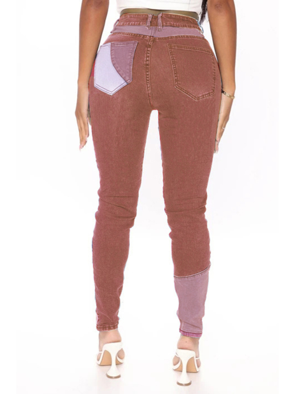 Women's Two-color Stitching Street Wash High Waist Skinny Jeans-chiquechics
