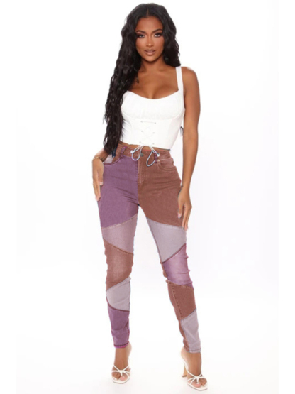 Women's Two-color Stitching Street Wash High Waist Skinny Jeans-chiquechics