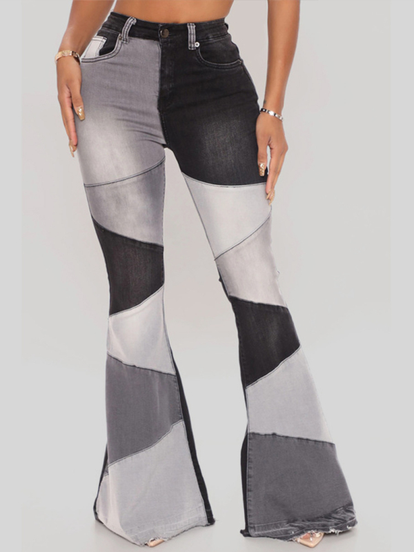 Women's two-color splicing street washed flared jeans-chiquechics
