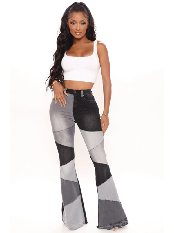 Women's two-color splicing street washed flared jeans-chiquechics