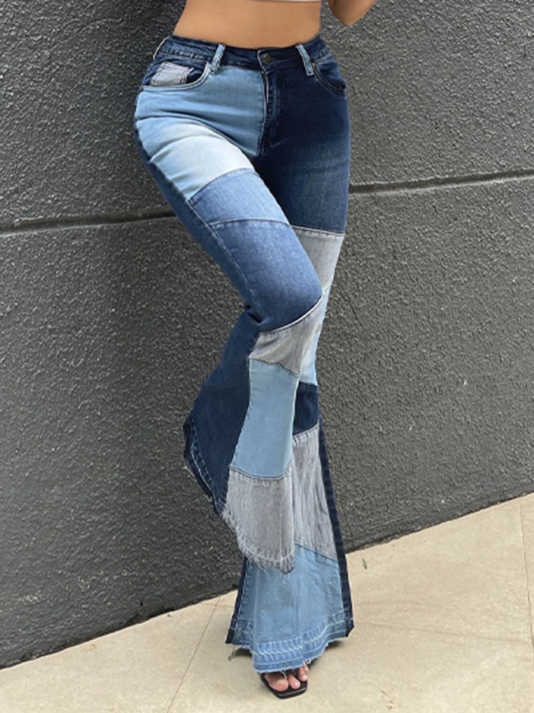 Women's two-color splicing street washed flared jeans-chiquechics