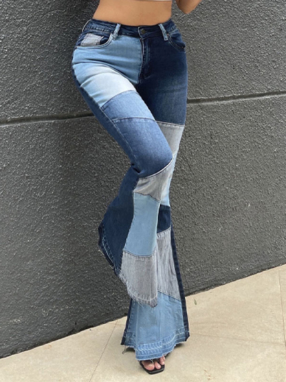Women's two-color splicing street washed flared jeans-chiquechics